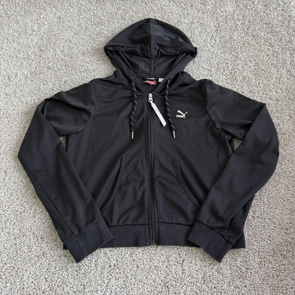 PUMA Hoodie Womens Small Black Mesh Full Zip Sport Lifestyle Athletic Jacket